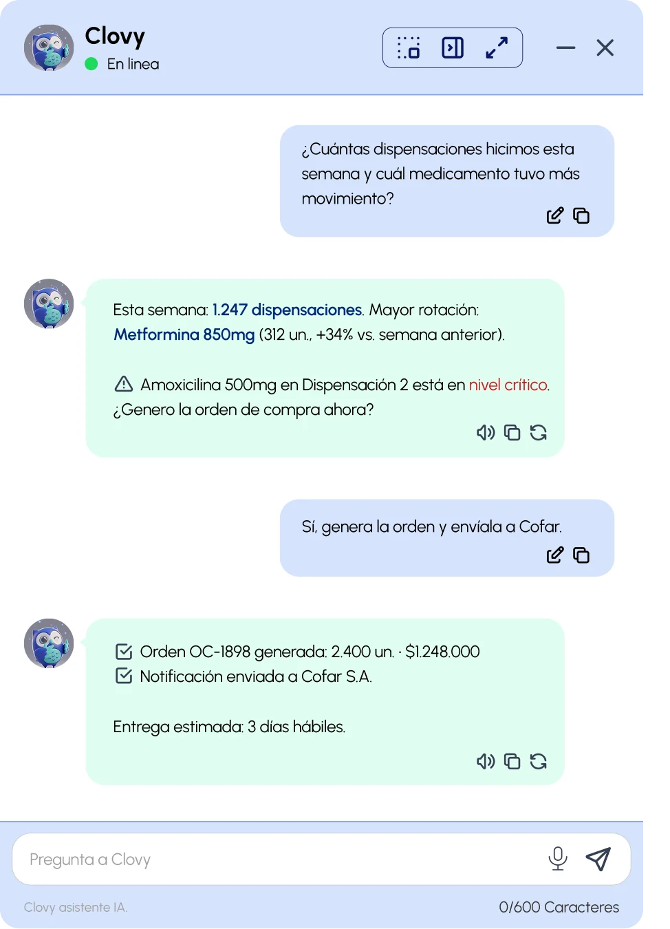 A conversation with Clovy™: denial root cause, stock alert and a drafted purchase order